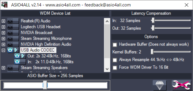 ASIO4ALL dialog showing a USB device enabled and all other devices disabled