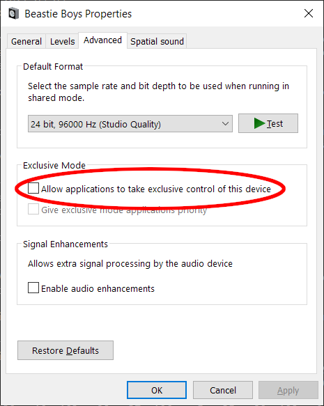 Windows audio device dialog showing "exclusive control" disabled