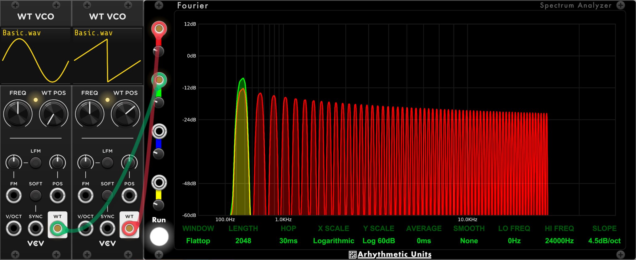 VCV Rack patch showing the harmonic series for a sine wave and square wave. The sine has a single harmonic, while the saw has many.