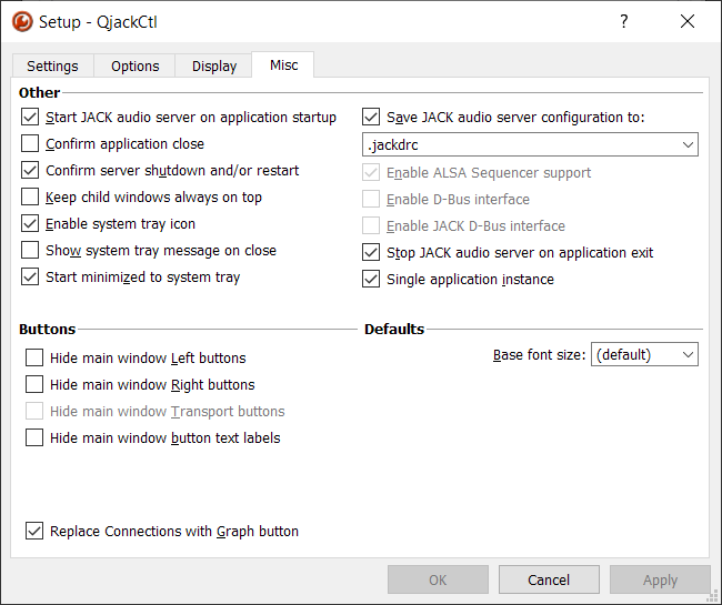 Jack Misc settings showing tray and startup options