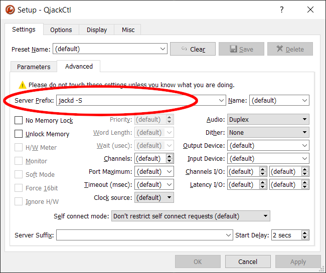 Jack advanced settings showing server command line