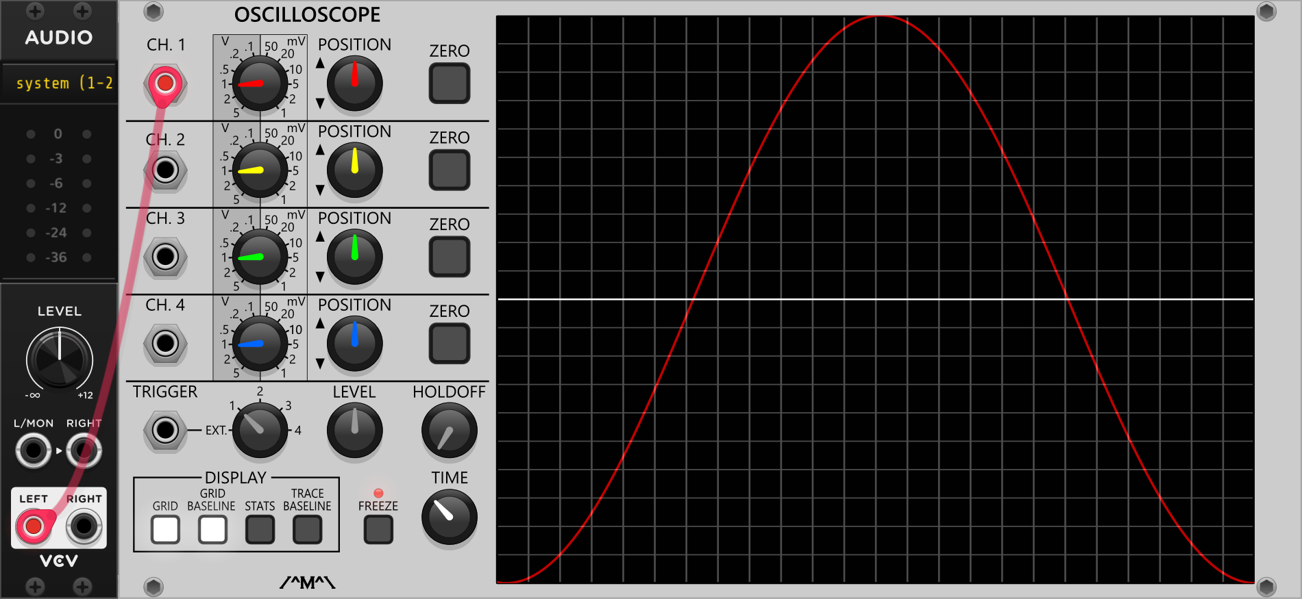 VCV Rack audio input connected to the Count Modula Oscilloscope displaying a nice and smooth 1 Hz sine wave