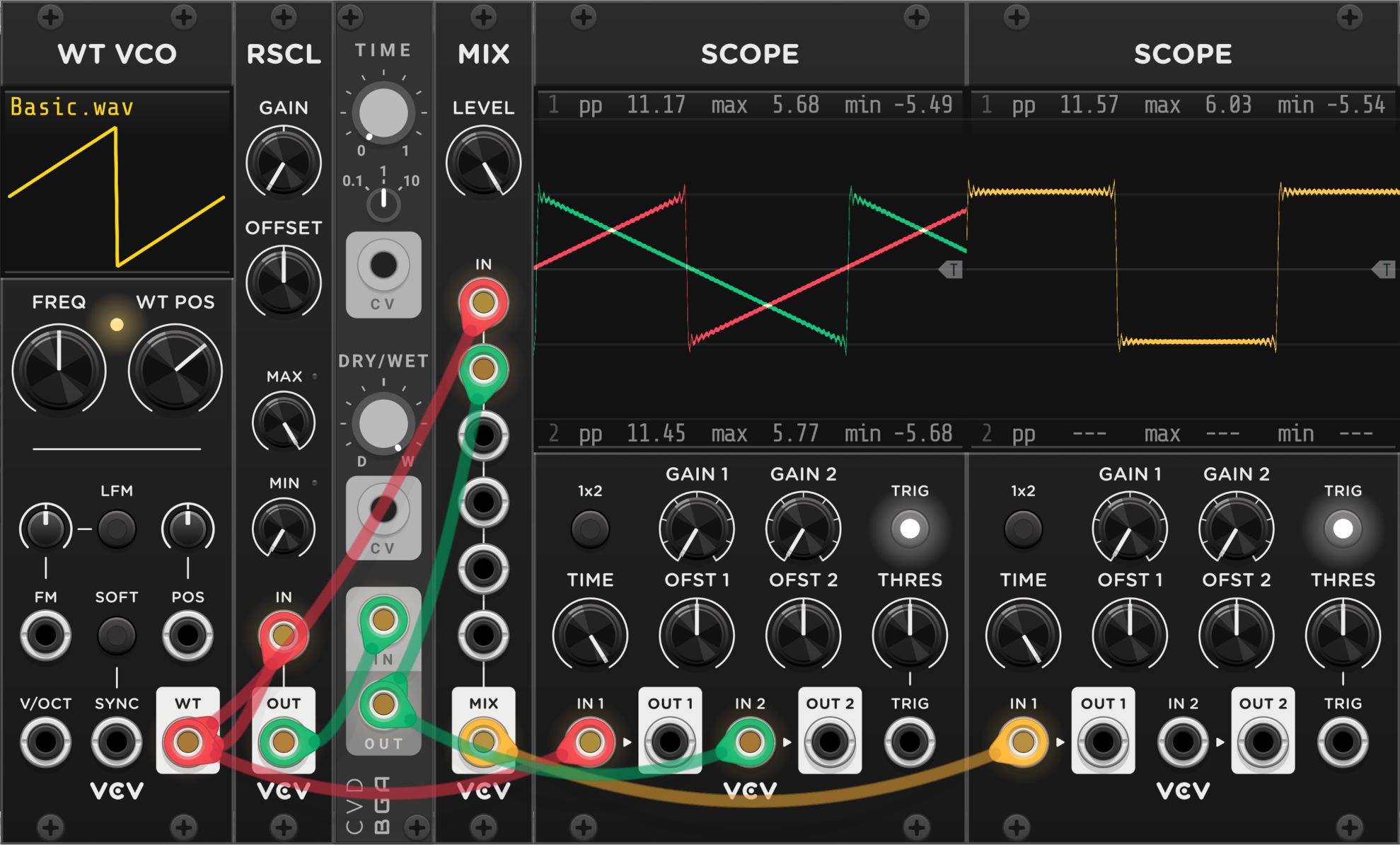 VCV Rack patch showing a saw wave and an out-of-phase inverted version of itself being mixed to produce a square wave (click for bigger)