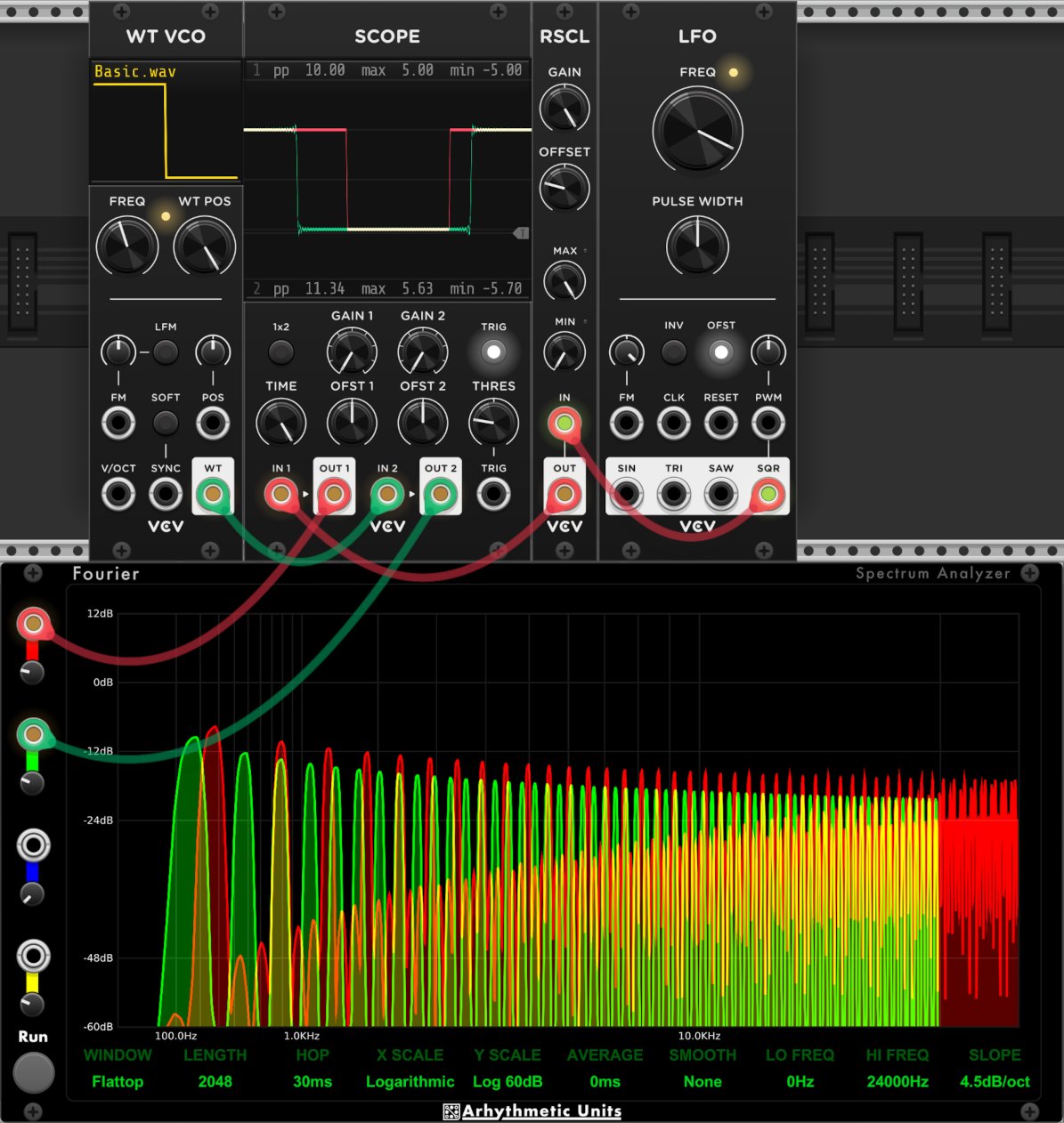 VCV Rack patch showing oscilloscope and spectrum analyser for a perfect square wave, and a well-behaved square wave made from a series of sines (click for bigger)