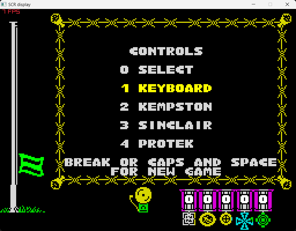 The menu screen output from the headless emulator, now rendered in real time. The frame counter says "7 FPS".